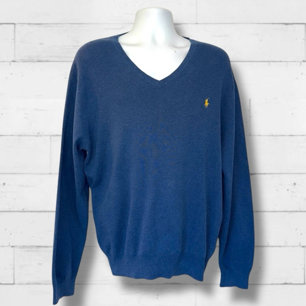 Polo Ralph Lauren Pima Cotton V-Neck Sweater XL Blue Yellow Pony